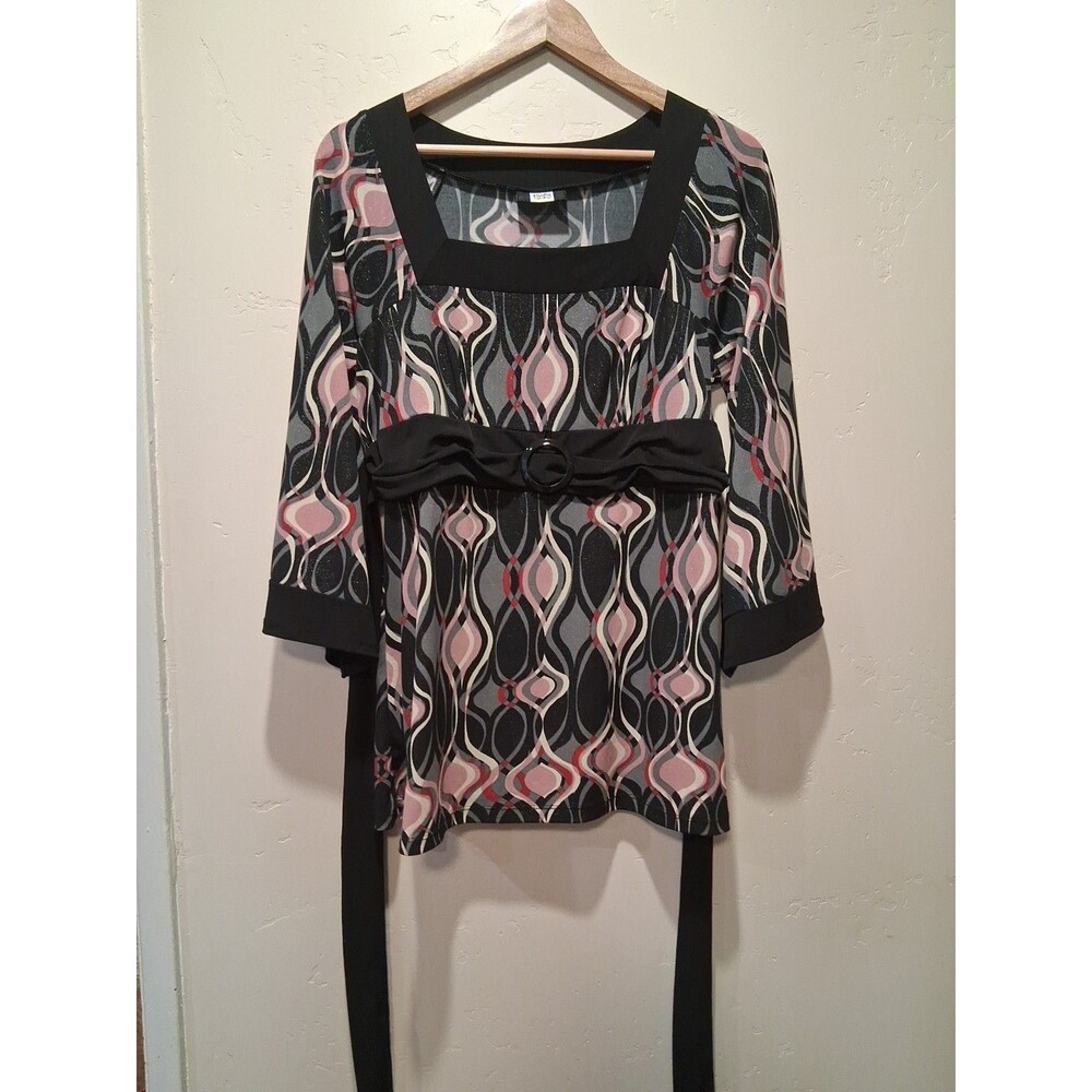 Studio 1940 Pink/Black/Gray/White Vneck 3/4 Sleeved Tie Back Blouse Retro Hippie